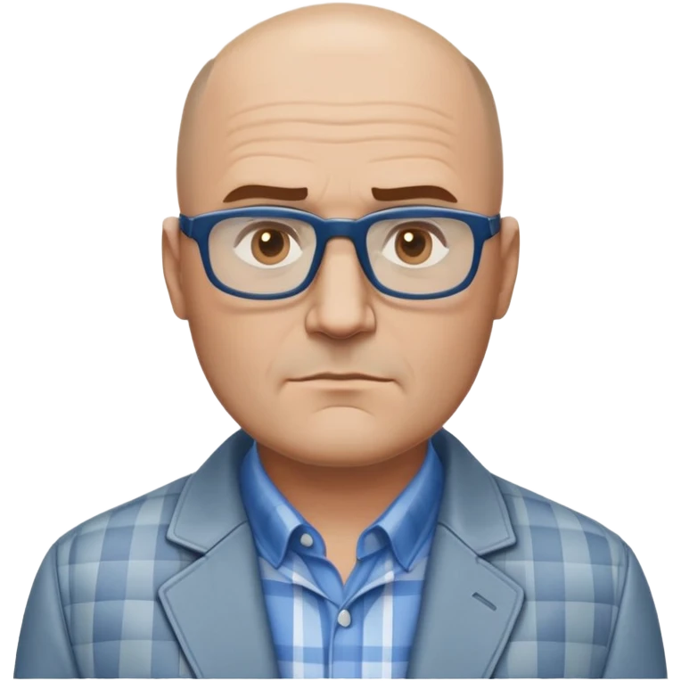 50-year-old heavyset man with very wide face and prominent square jawline. Little to no hair on the sides with some hair on top, balding pattern. Large dark square glasses. Serious-relaxed expression. Light gray jacket that fits his larger frame, white shirt with blue checkered pattern. emoji