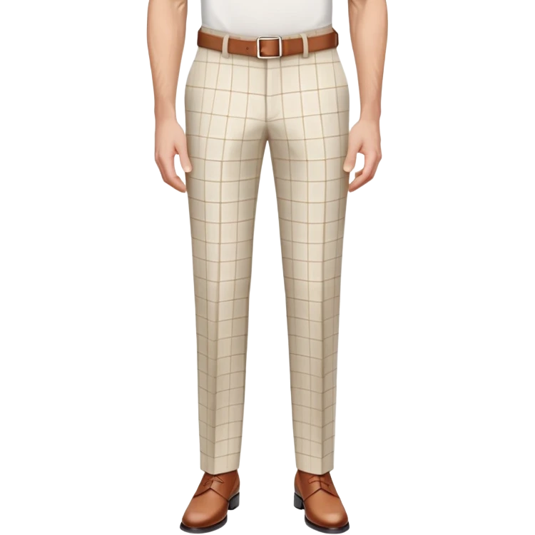beige dress pants with distinct white grid pattern, formal trousers with clear white check pattern, cuffed hem, tailored pants with white plaid design, isolated garment only emoji