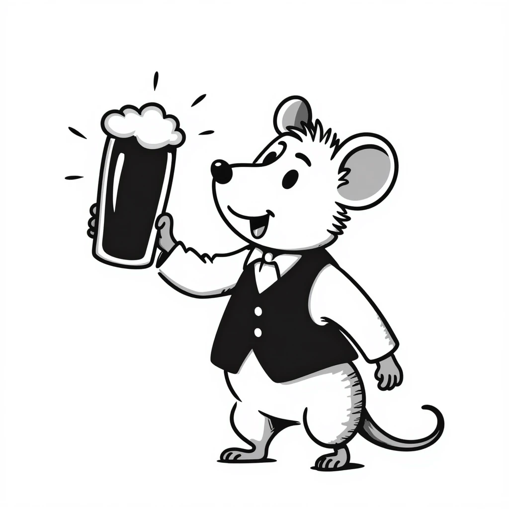 Hand-drawn mouse character toasting with a beer mug emoji