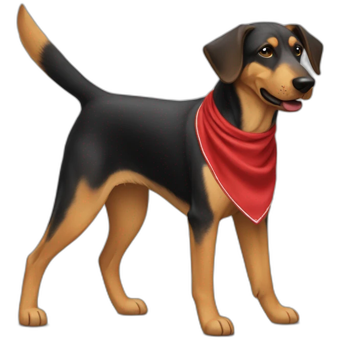 coonhound and German shepherd mix dog wearing red bandana and walking left emoji