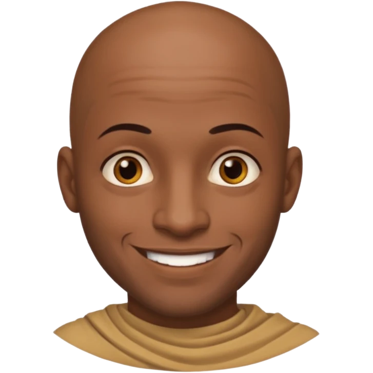 This is a cartoon-style avatar of a bald man with dark skin, golden-brown eyes, and facial tattoos, smiling with a friendly expression. emoji