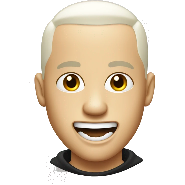 white skinned, rapper with evil laugh, mouth open. buzz cut hair. white pupil emoji