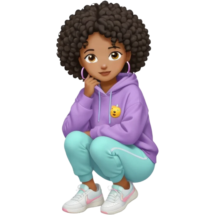 Black girl, clean girl aesthetic, 4C curly hair in a puff, pastel hoodie, white sneakers, minimal jewelry, soft smile, cozy vibe, bright colors, Apple-style emoji cry  emoji