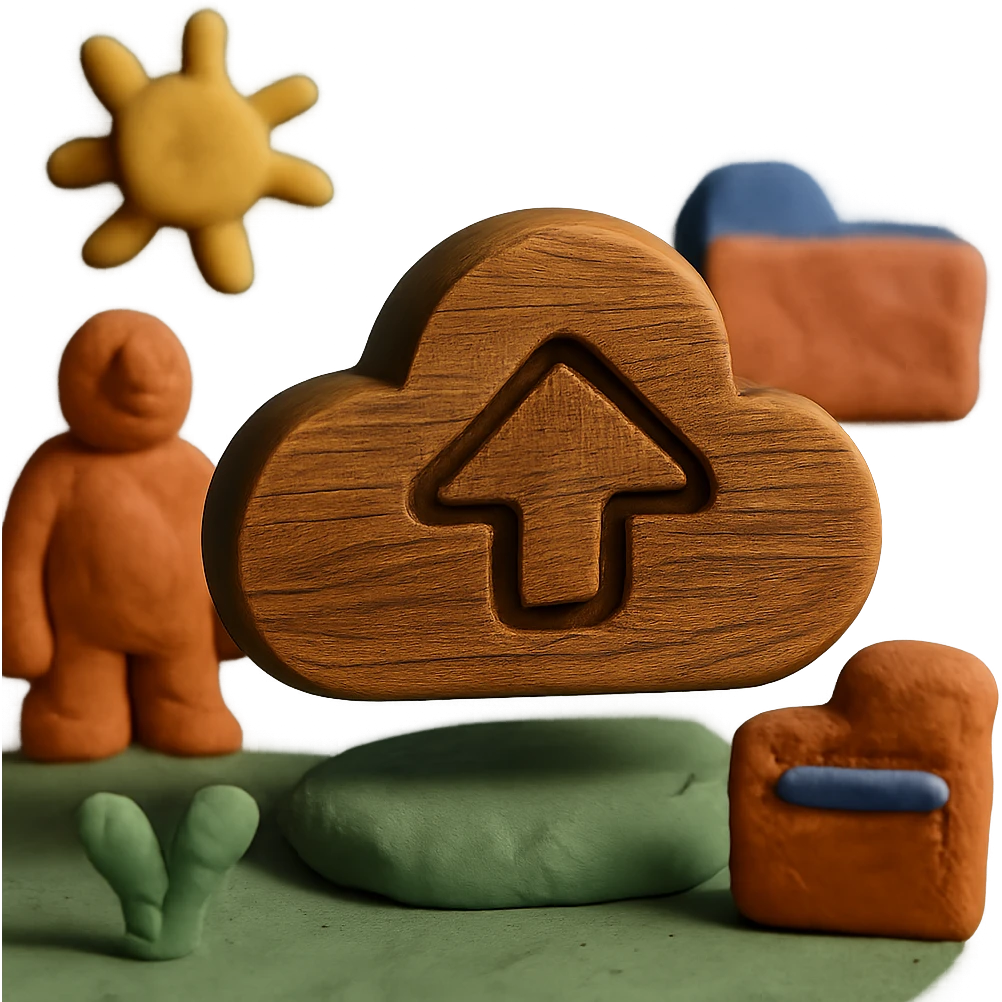 Make the cloud storage icon look more like it is carved from wood, with a natural wood finish, carved contours, and brown coloring, in a claymation style. emoji