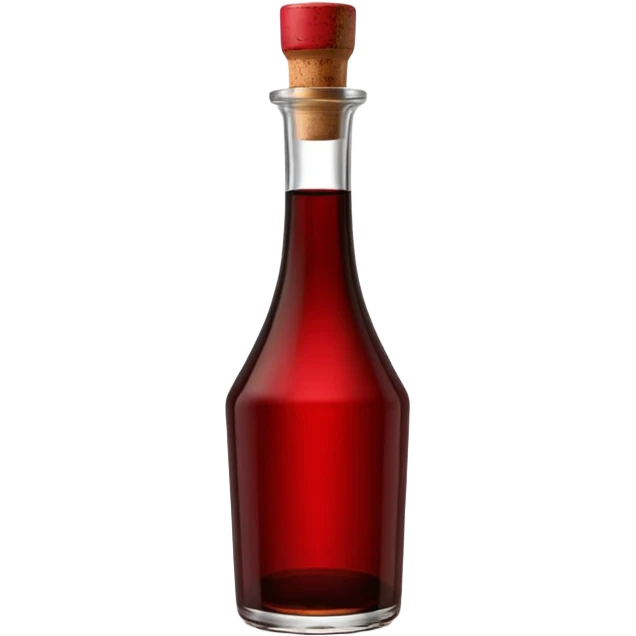balsamic vinegar bottle, elegant glass, dark brown to ruby, round or square base, slender neck, cork or metallic cap, dark glass, reflections, 3D clean style, transparent background, optimized for emoji size emoji