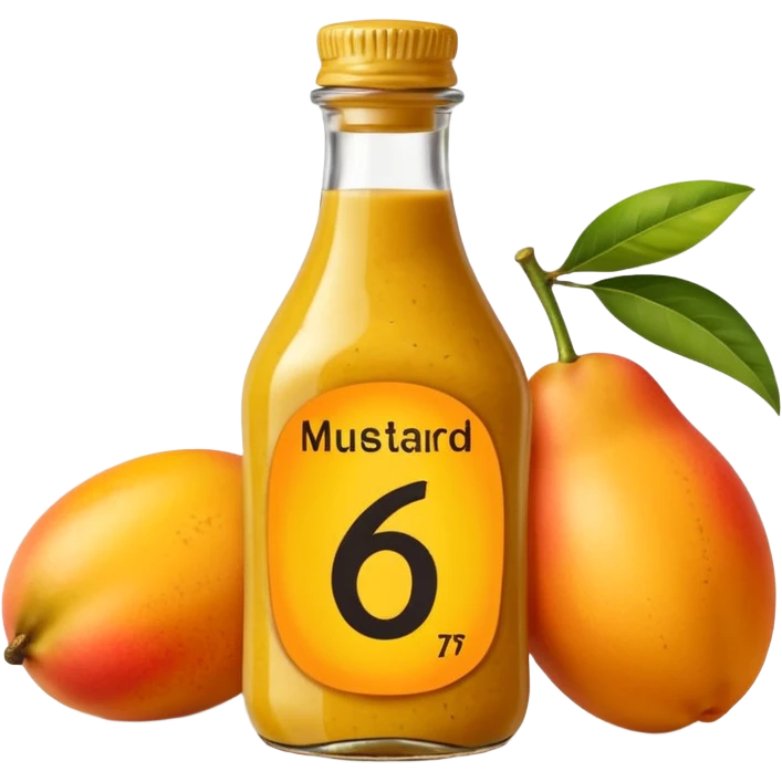 Bottle of mustard that says 67 with mangoes next to it emoji