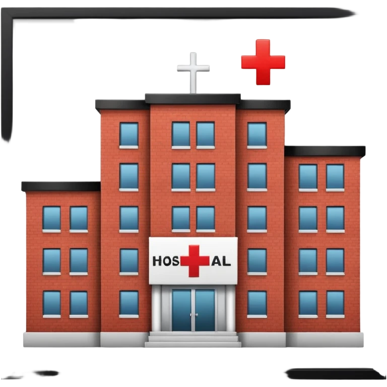 hospital outside, with text hospital and red cross emoji