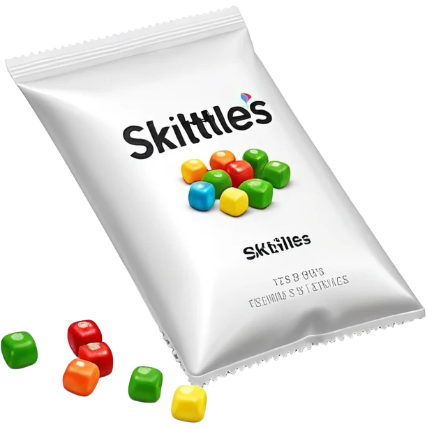 Geometric minimalist Skittles package, just a rainbow colored square with a small spill of green round candies. Ultra clean design. emoji