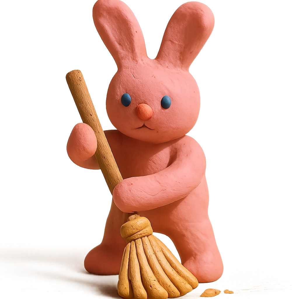 rosy bunny sweeping floor with broom, claymation style emoji