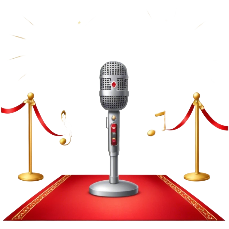 Create a glamorous and vibrant emoji that represents pop vocal performance. The emoji should feature a vintage stage microphone on a red carpet, with a spotlight shining on it. The stage should be empty but illuminated with concert lights, creating an atmosphere of excitement. Add elements like a festive firework display and a sparkling costume with rhinestones. Surround the scene with a ribbon made of musical notes to symbolize the connection to music. Use bright colors like gold, red, and silver, with a touch of sparkle to convey the glamour and energy of pop vocal performance. The background should be transparent. emoji