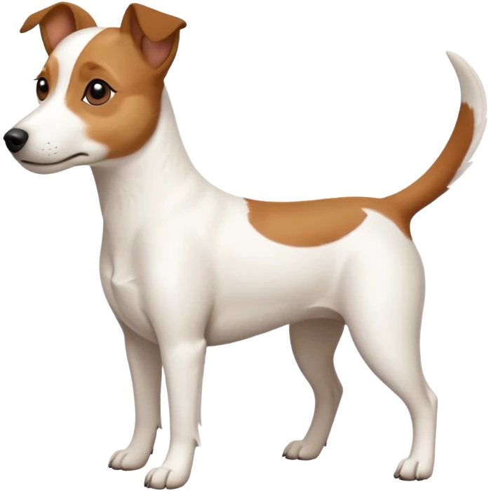 a full body white jack russel looking dog the size of a kelpie with light brown ears and a light brown patch on one eye and a large snout emoji