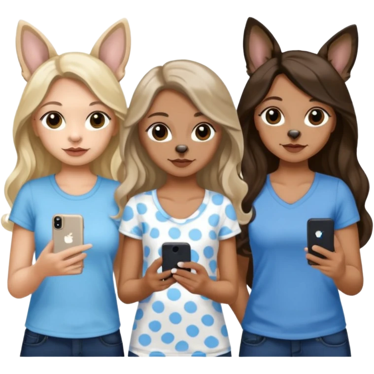 Three women in summer clothes holding iPhone, hazel eyed light skin with dark blonde long hair and Brown eyed,light skin black long wavy hair, blue eyed light skin long blonde hair that have 2 dogs, blue spotted Merle Frenchie, black and tan chihuahua  emoji