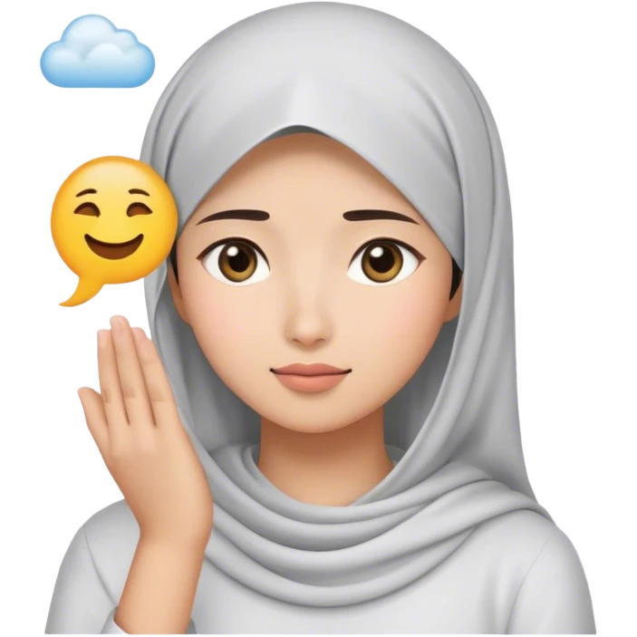 a white young asian Muslim woman are thinking something. Her eyes rolling to up right. Her hand touching face. There's emoji cloud to describe what she thinking about. emoji