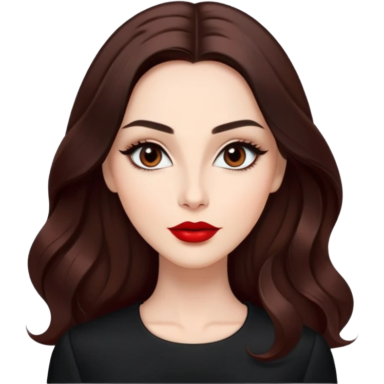 Professional actress with radiant fair skin, elongated face, large dark almond eyes with elegant makeup, defined eyebrows, full red lips, long dark straight hair with soft waves, wearing sophisticated black outfit, confident but approachable expression emoji