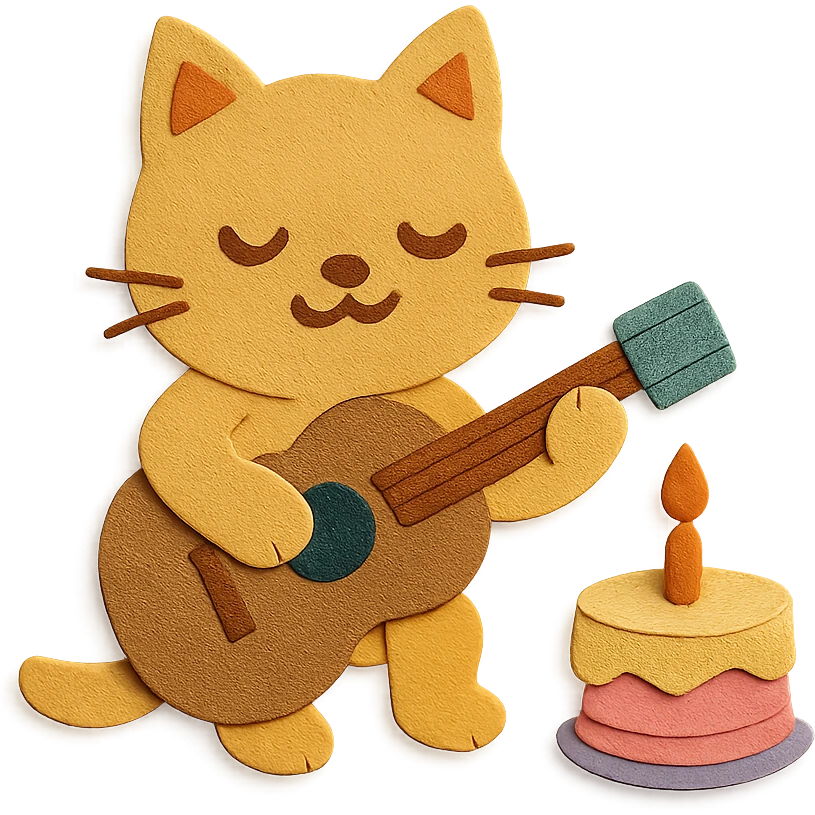 cat playing guitar next to a cake, paper-craft style emoji