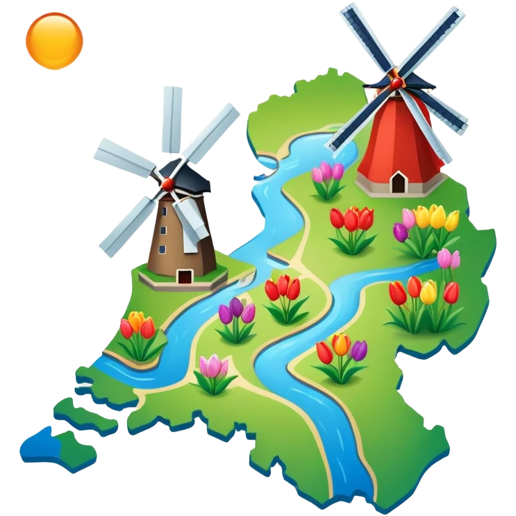 Map of the Netherlands showing canals, tulips, and windmills emoji