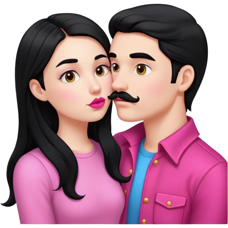 White boy with black mustache kissing white girl with long black hair in pink clothes emoji