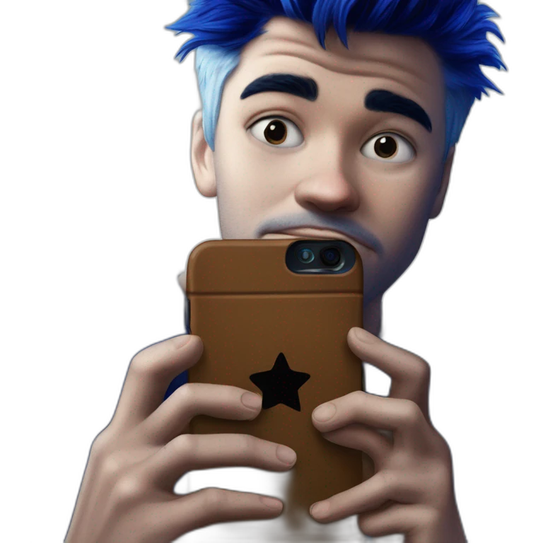 blue-haired boy holding phone emoji