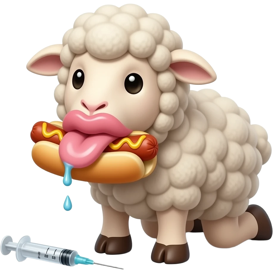 sheep plush on its knees eating swallowing a hotdog in its mouth with big wet squishy big puffy lips with a syringe on the floor with no teeth emoji