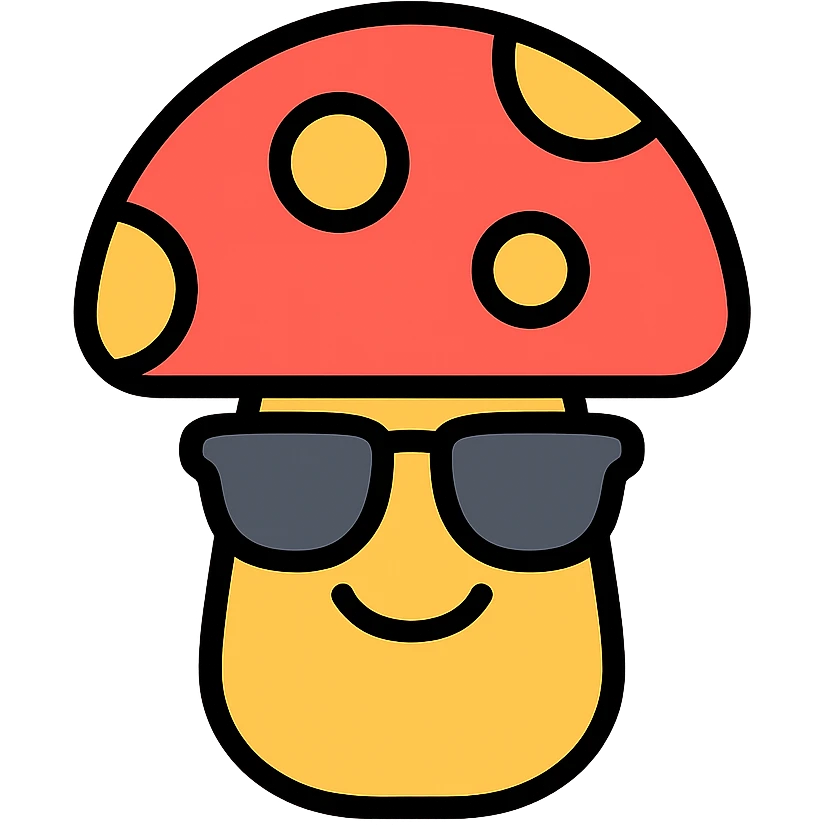 colorful icon of a mushroom with sunglasses and a smile emoji