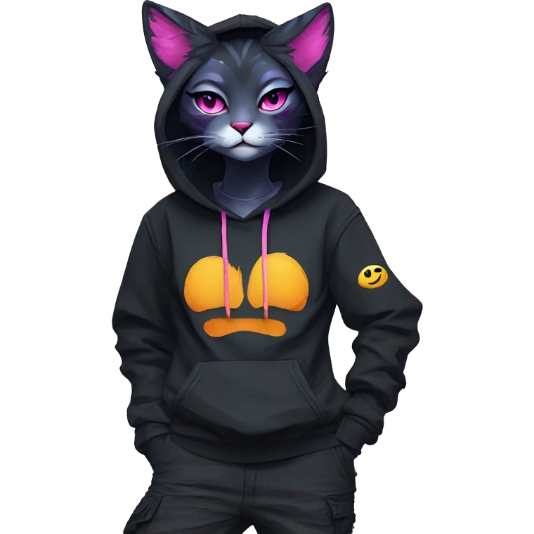 Edgy Anthro cool pretty colorful dark cat-fursona techwear cargo pants hoodie emoji