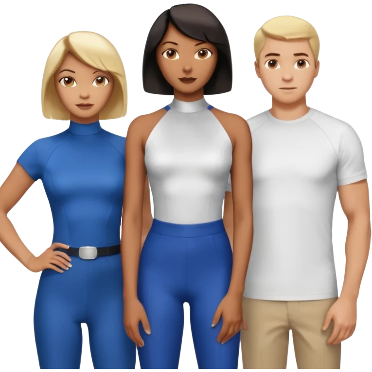 3 Friends standing side by side, charlie's angels style: 1 black woman with a short flat pressed bob, 1 hispanic man with a thin nose and long hair, and 1 white guy with blue eyes and a short brown-blonde haircut emoji