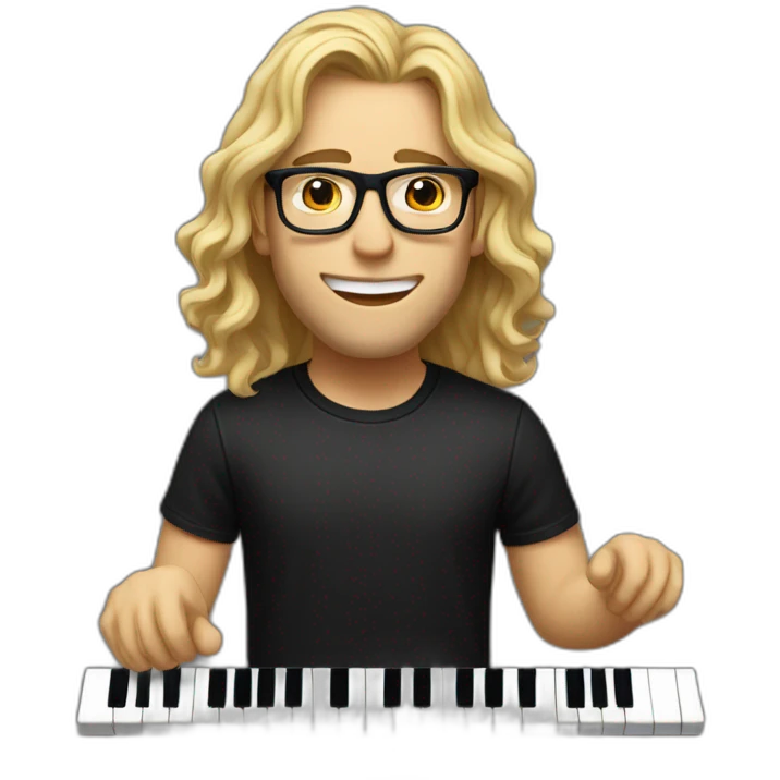 man with long wavy blonde hair, black t-shirt, and glasses, PLAYING musical keyboard emoji