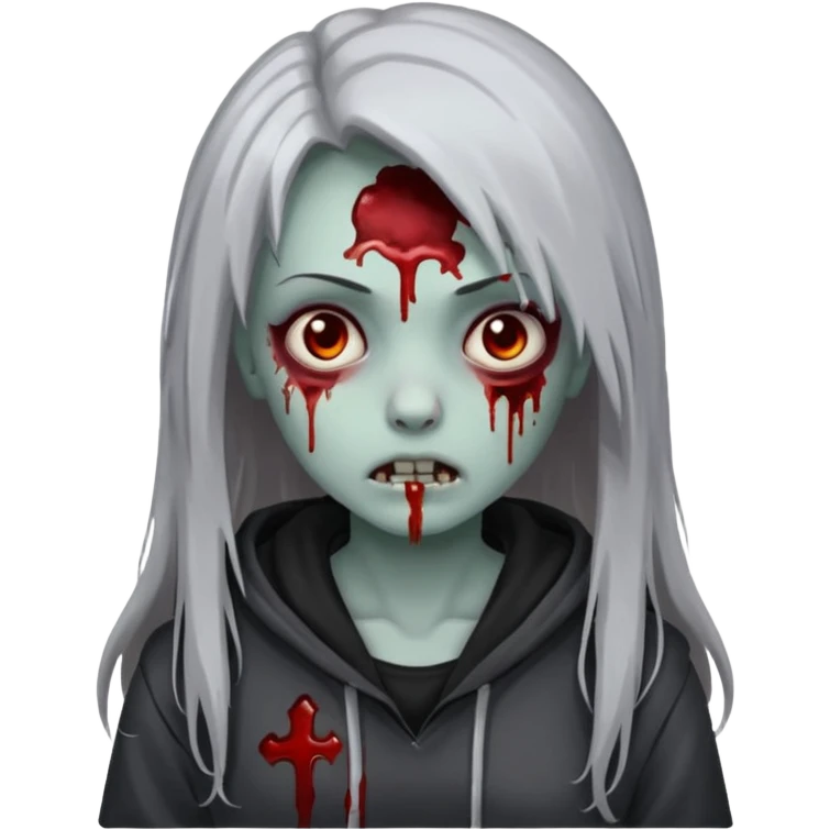 zombie girl with blood and grey long hair with a black hoodie on emoji