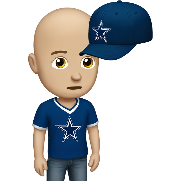 Bald white male holding dark blue Dallas Cowboys hat. He’s crying because he’s ashamed of being bald  emoji