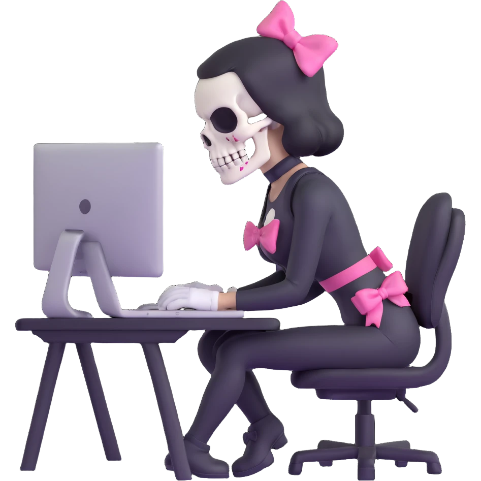 female Punisher skull character with pink bow working on computer emoji