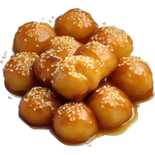 Greek loukoumades in a plate with honey drizzle and sesame seeds emoji