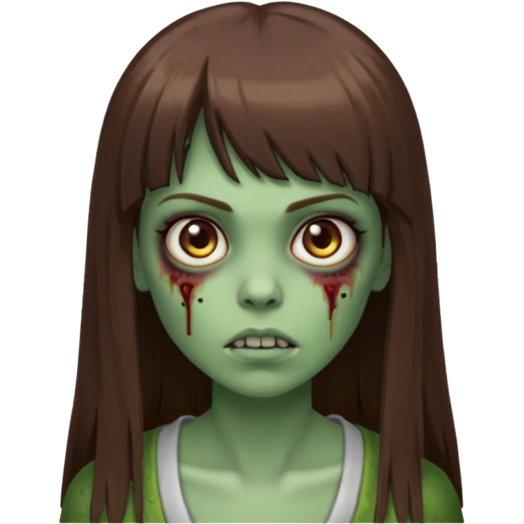 Zumbi feminino, de pele verde, cabelo marrom, longo, liso e castanho com franja reta emoji