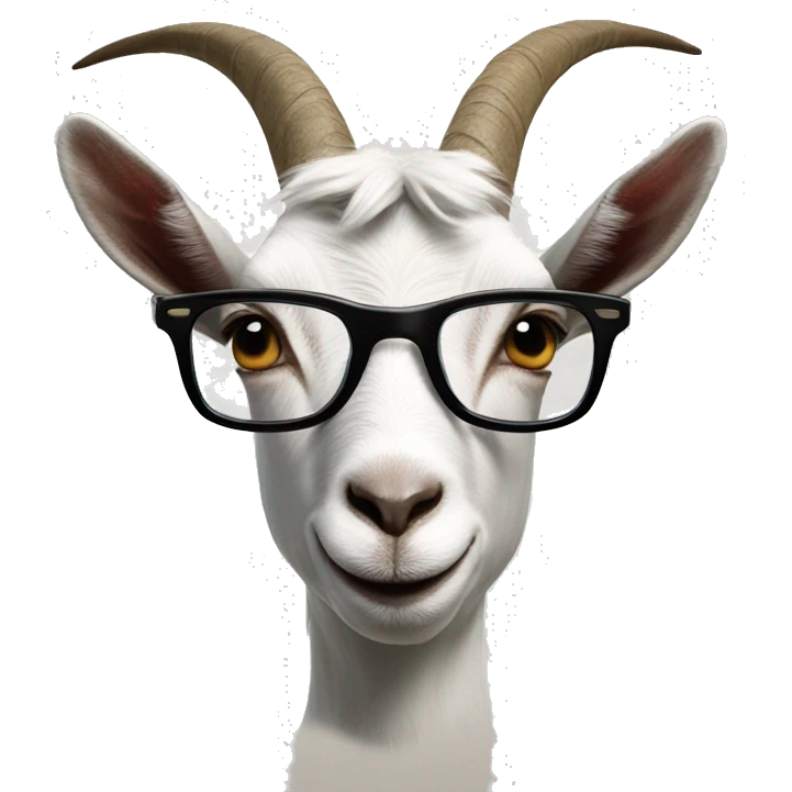 a goat with glasses superimposed on its face. The goat's expression is straight and the glasses give it a human-like appearance. emoji