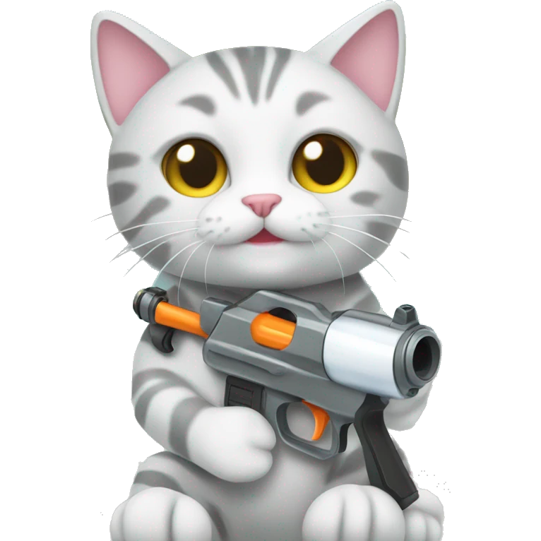 my white and grey tabby cat holding a water gun emoji