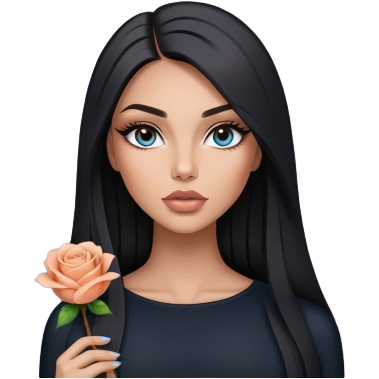 Glamours, tanned, very beautiful girl, with big pump peach-beige-rose lips, long long lashes, black straight smooth silky long hair, straight parting hair, blue-grey eyes in black clothes emoji