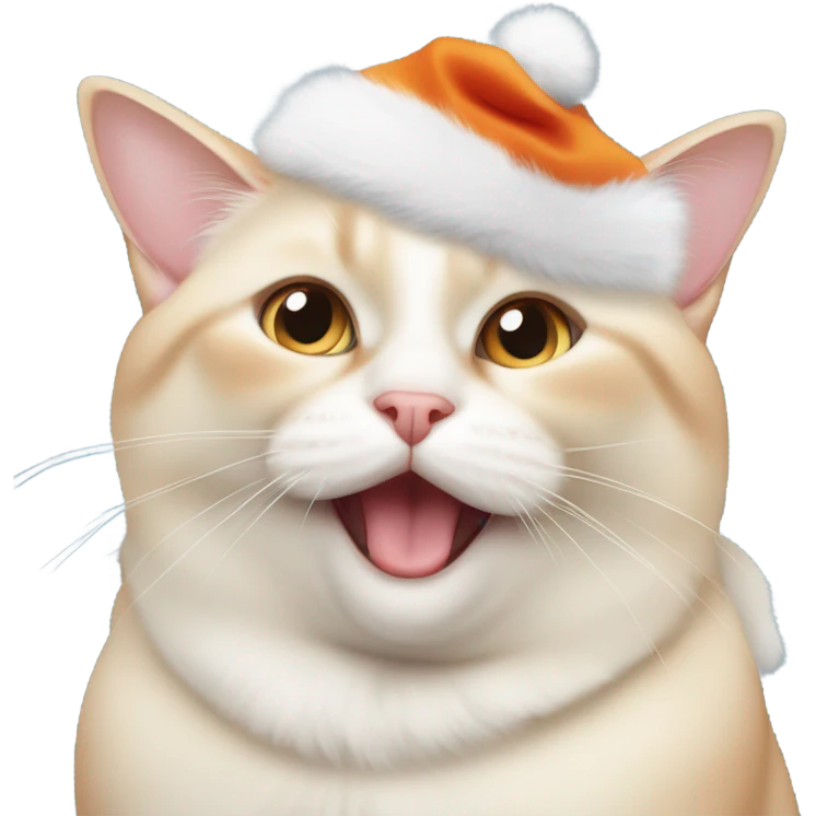 chubby fat, flame point Siamese, with white fur with orange accents and blue eyes, smiling, wearing a red christmas hat  emoji