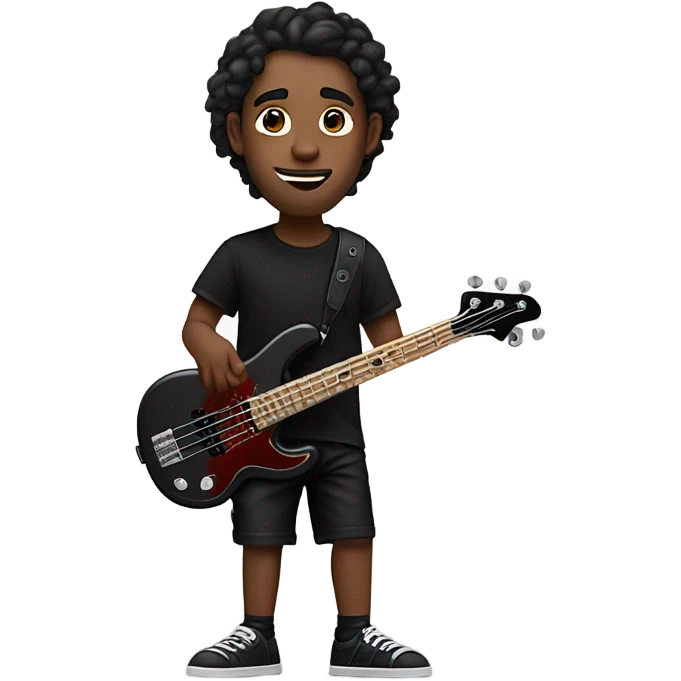 26 year old guy playing a 5 string rose gold color bass guitar, wearing a black shirt and black shorts with brands: Revere, Misery emoji