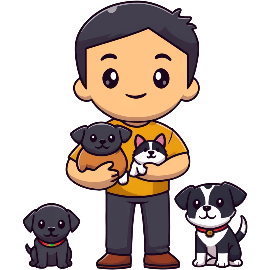 Mexican man with black hair and brown eyes wearing a shirt and black pants, holding a small white dog with one brown ear emoji