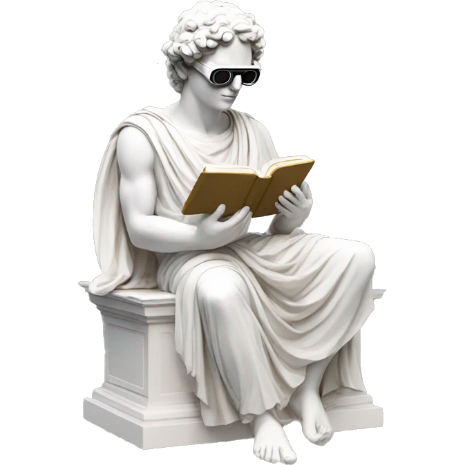 an EMOJI OF A ancient young greek statue reading a book, wearing VR glasses, white colors, DIGITAL UNIVERSE emoji