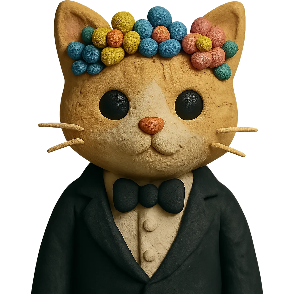 A kitten dressed in a tuxedo and wearing a flower crown emoji