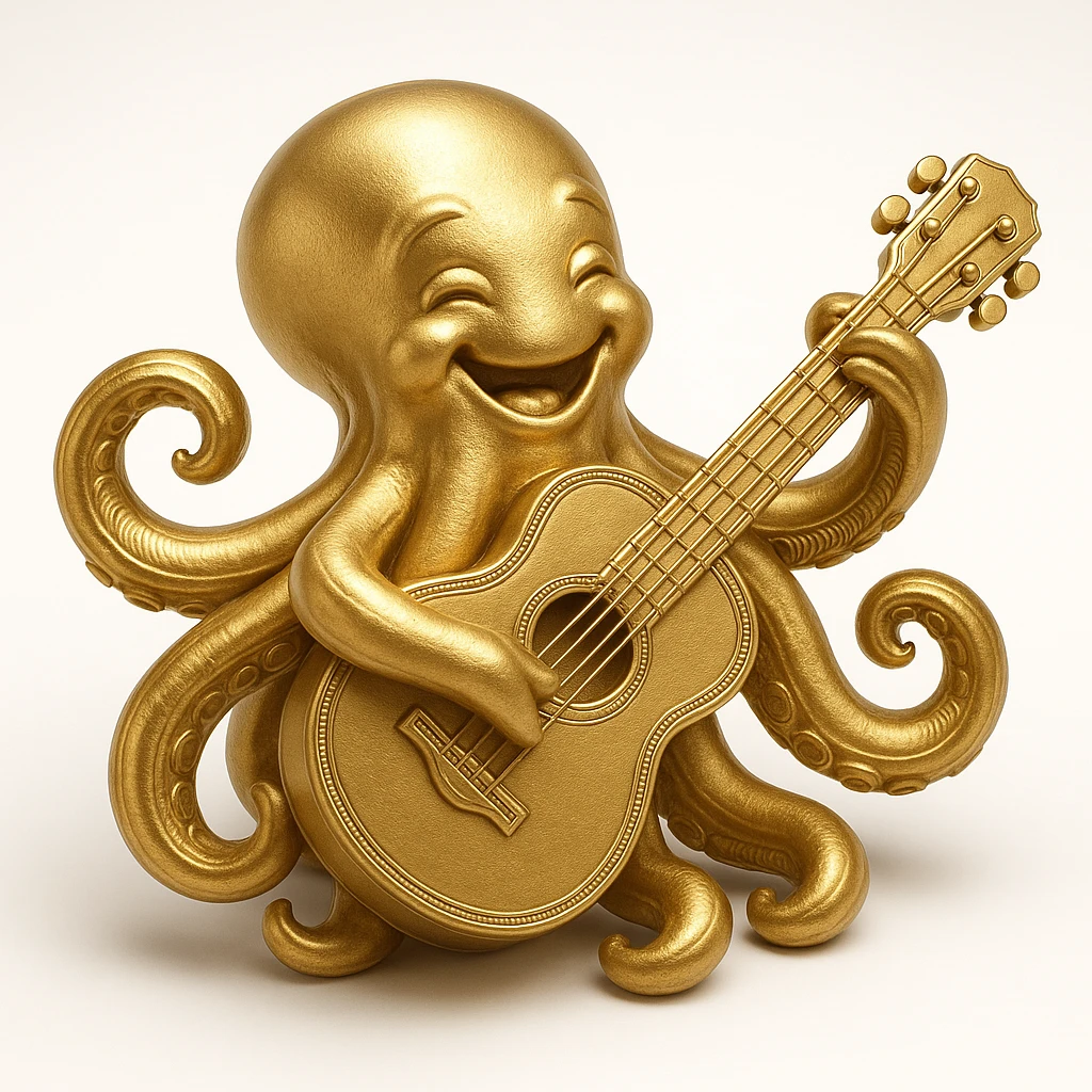 happy octopus with multiple arms playing guitar emoji