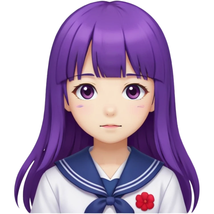 Shy anime girl with purple long hair and bangs wearing Japanese sailor style school uniform, blushing, kawaii style emoji