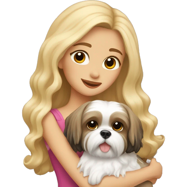 a girl with long, wavy brunette hair hugging a Shih Tzu with blonde fur and a cute bow emoji