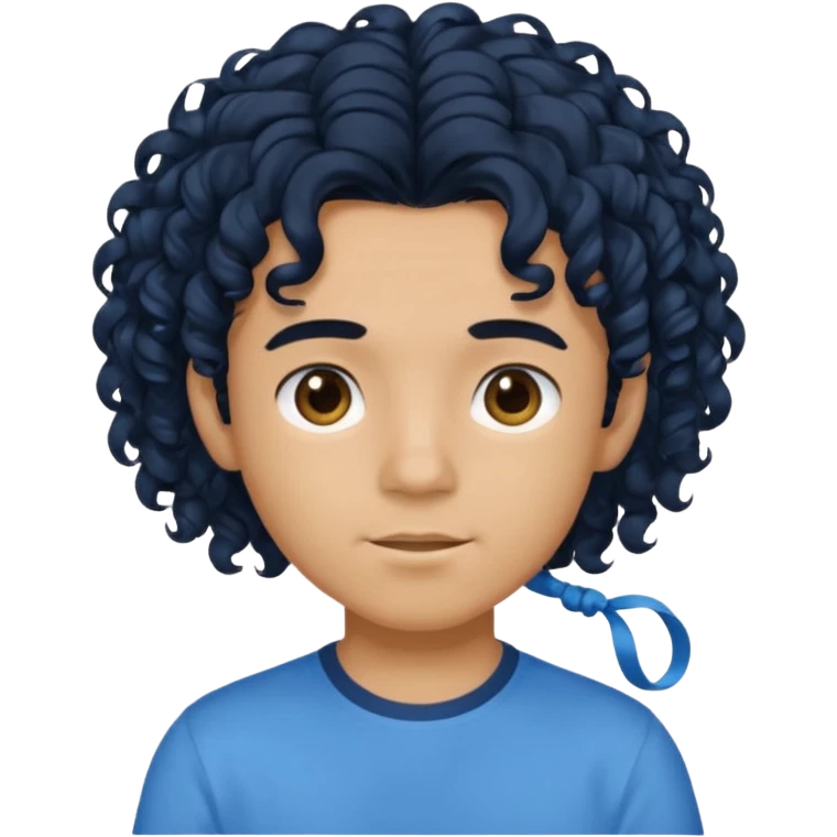 یه پسر با موهای  بلند و فرفری با لباس ابی موهاشو بسته باشه emoji