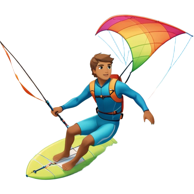 A professional kite surfer riding the waves, holding the kite in front of them as the wind fills the sail, propelling them across the water. The backdrop features a stunning landscape with a vibrant sky, crashing waves, and a sense of motion and adventure. emoji