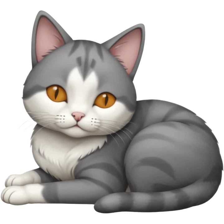 dark grey and white small cat with eyes closed, leaning his head on his paw while leaning on his elbow lying down emoji