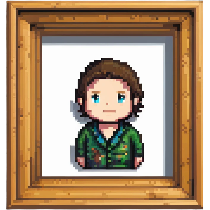 A pixelated portrait of a man in a wooden picture frame emoji