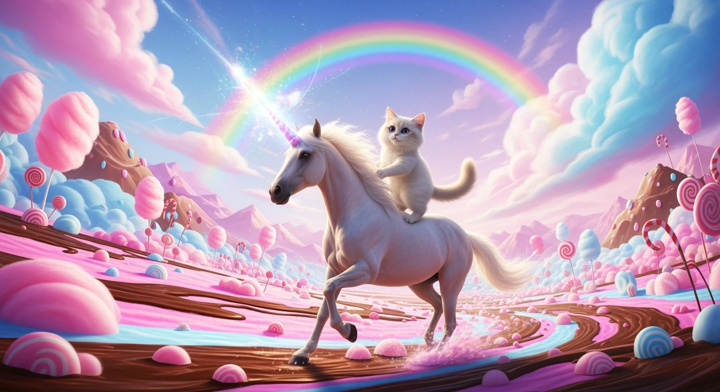 Cinematic still of a cat riding on unicorn around magic pink, and blue candy world, rainbow, dynamic shot emoji