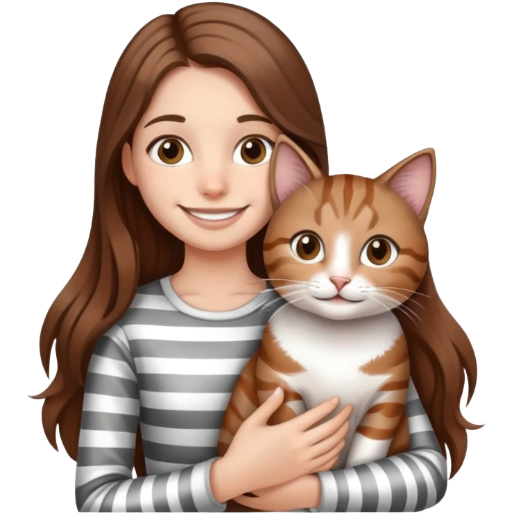 smiling girl with long hair holding a cat with silver stripes emoji