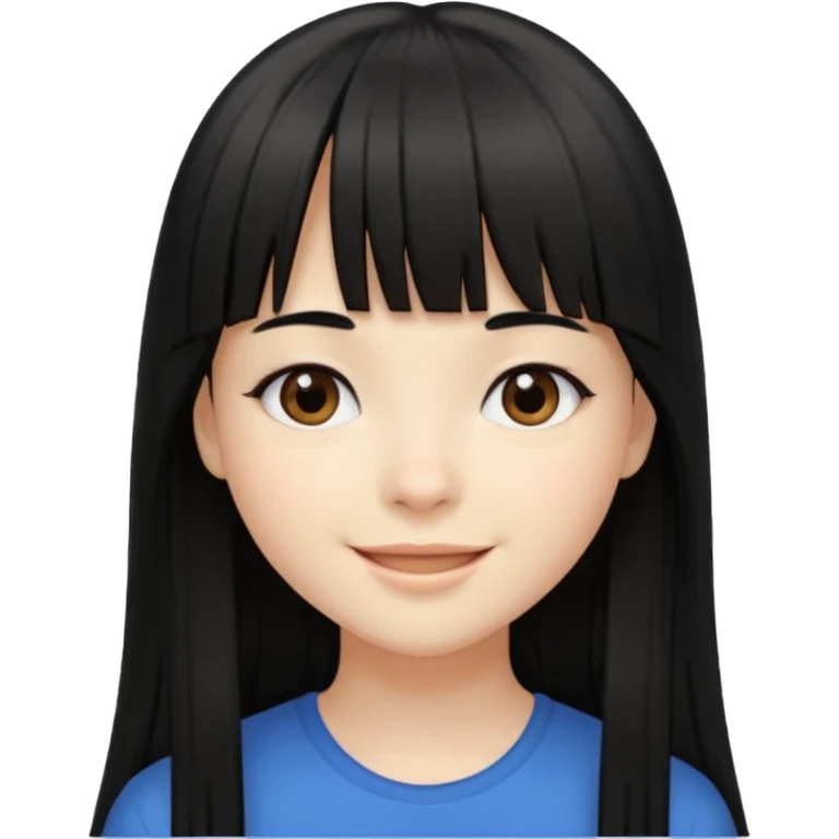 Girl with fair skintone, long straight black hair with bangs, and dark brown eyes, smiling, emoji